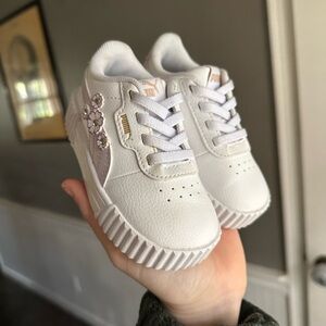 Puma Kids White Sneakers with Pink Floral Embellishments